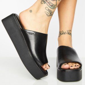 Vagabond Bonnie Black Leather Platform Slides Square Toe